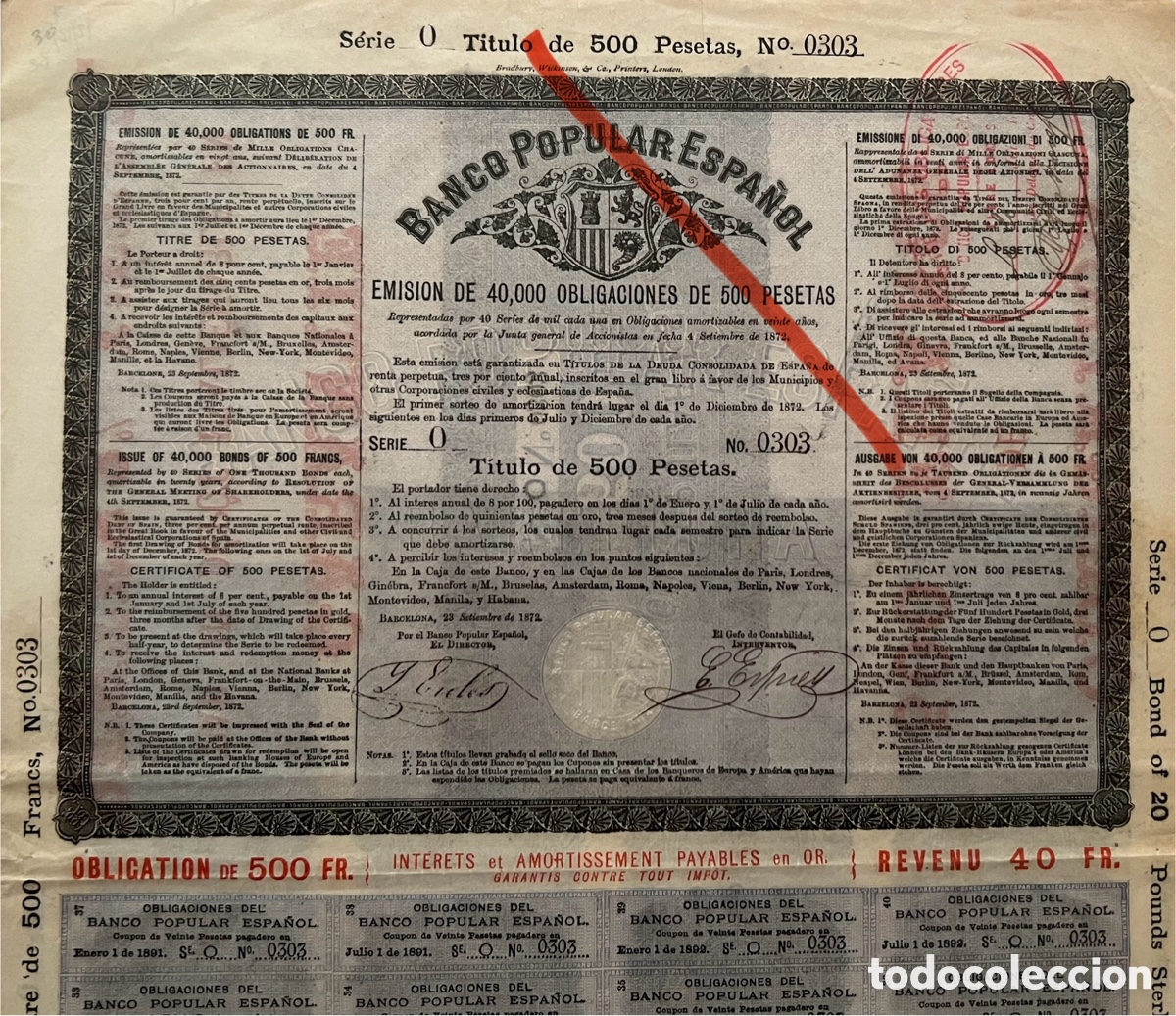 Collectionnisme Actions Espagne: ACCI&Oacute;N BANCO POPULAR ESPA&Ntilde;OL. Barcelona 1872