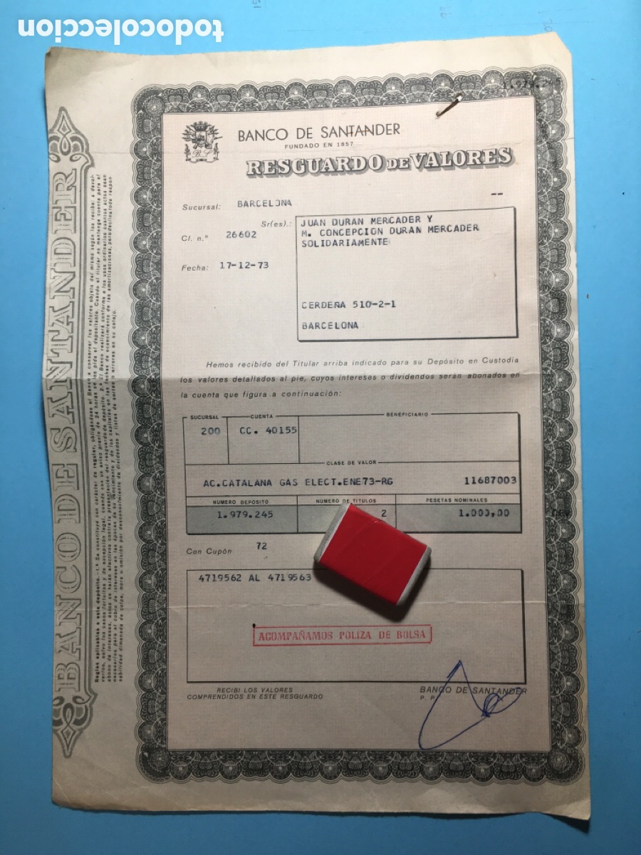Coleccionismo Acciones Espa&ntilde;olas: 1973 BANCO SANTANDER BCN RESGUARDO VALORES Y P&Oacute;LIZA SUSCRIPCI&Oacute;N ACCIONES CATALANA GAS Y ELECTRICIDAD