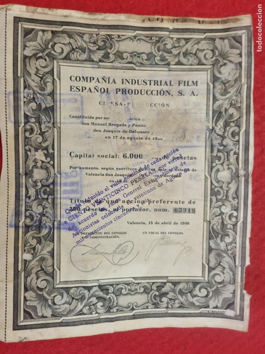 Sammeln von spanischen Wertpapieren: ACCION EMPRESA CIFESA COMPA&Ntilde;IA INDUSTRIAL FILM ESPA&Ntilde;OL 1940 ORIGINAL RA3