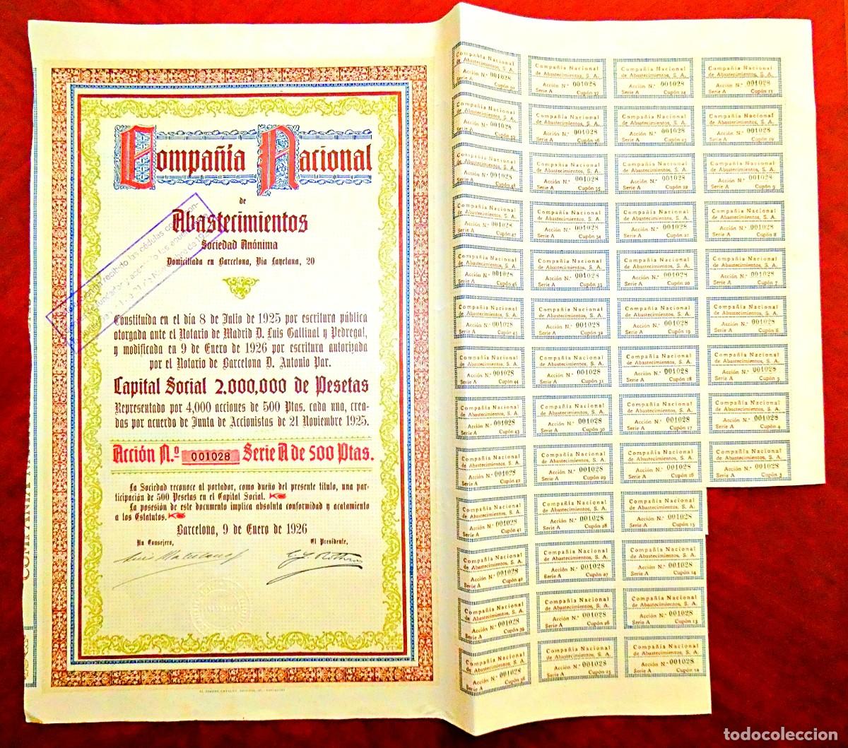 Collectionnisme Actions Espagne: Compa&ntilde;ia Nacional de Abastecimientos , Barcelona 1926 carnes congeladas ,acci&oacute;n con cupones