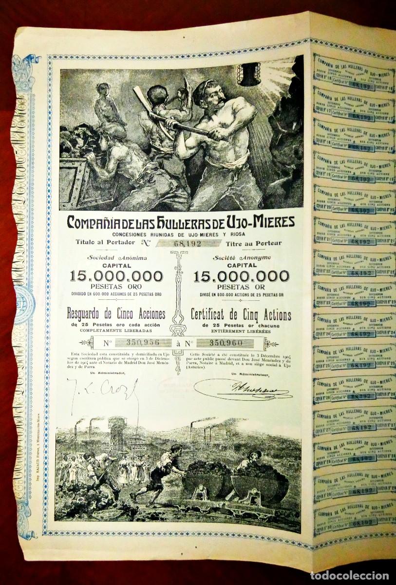 Collectionnisme Actions Espagne: Compa&ntilde;ia de las Hulleras de Ujo-Mieres 1904 acci&oacute;n