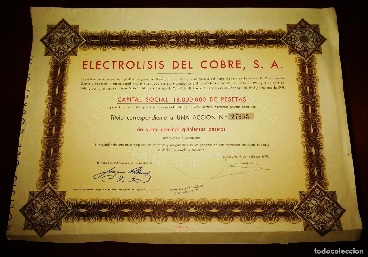 Sammeln von spanischen Wertpapieren: Electrolisis del Cobre SA Barcelona 1949 acci&oacute;n