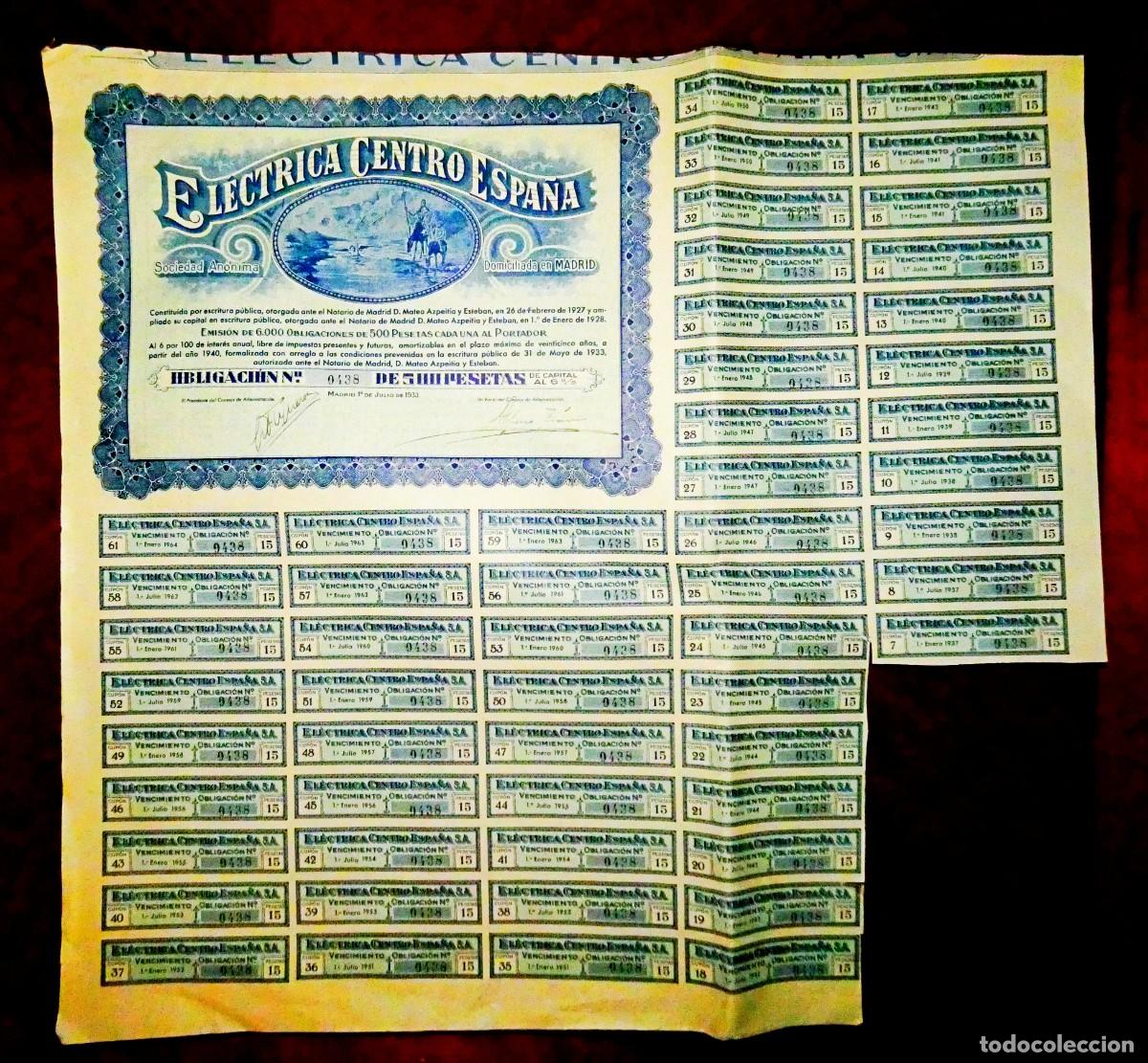 Collectables Spanish Shares: Electrica Centro Espa&ntilde;a,SA Obligaci&oacute;n Madrid 1933 amplia hoja de cupones