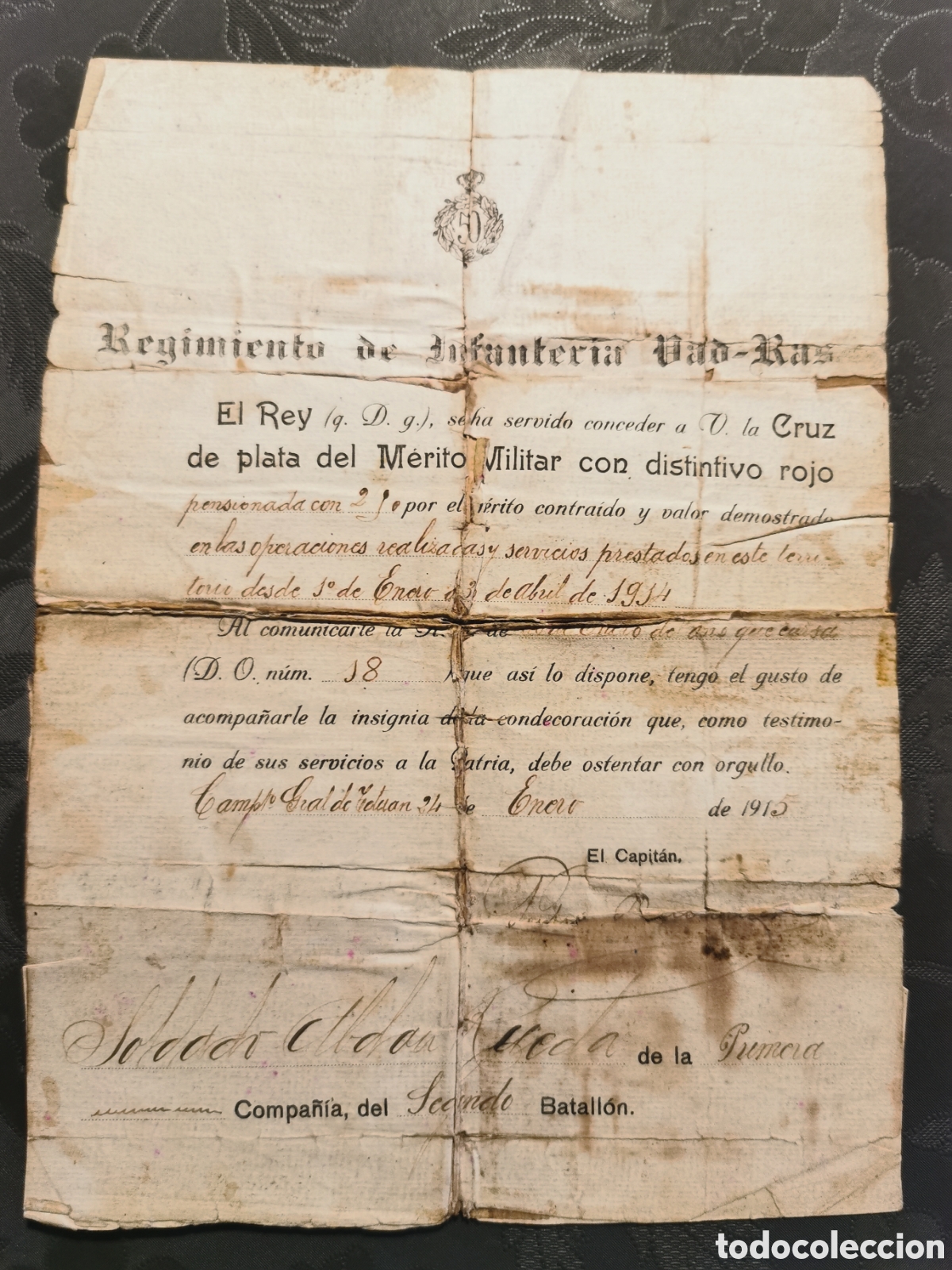 Collezionismo Azioni Spagnole: Concesion cruz de plata merito militar. Regimiento Infanter&iacute;a Wad-Ras+ Fotos y dni del soldado. 1915