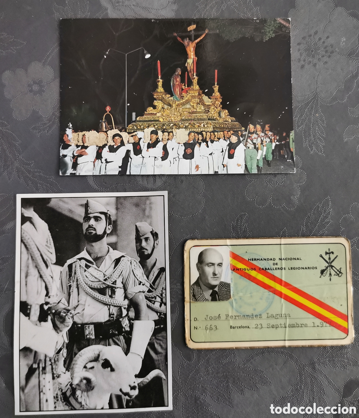 Collezionismo Azioni Spagnole: Lote 3 objetos legion. Carnet caballeros Legionarios+postal cristo de la buena muerte+ recorte foto
