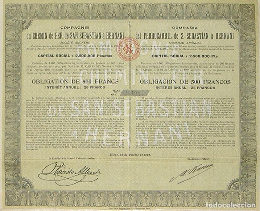 Sammeln von spanischen Wertpapieren: Compa&ntilde;&iacute;a del Ferrocarril de San Sebasti&aacute;n a Hernani - Guip&uacute;zcoa (1905)