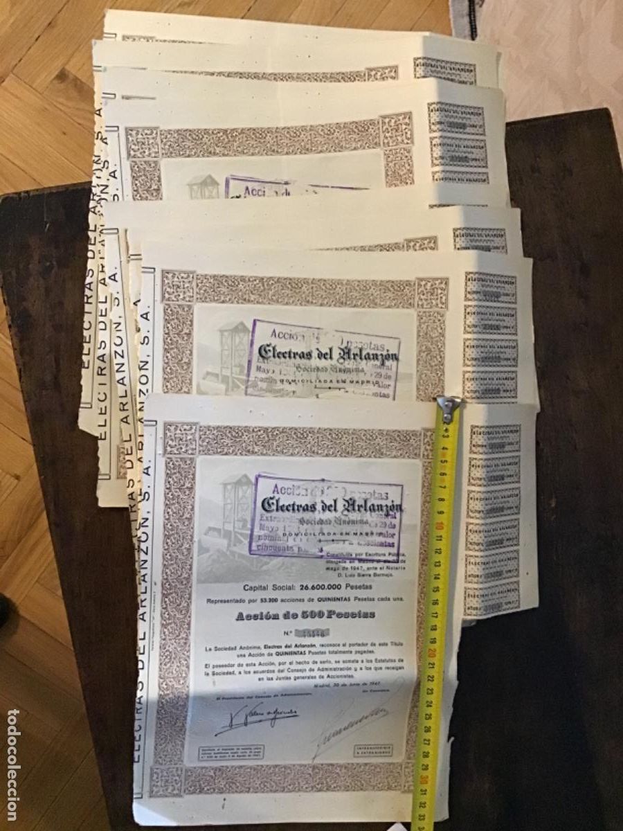 Coleccionismo Acciones Espa&ntilde;olas: 10 Acciones de Electras del Arlanz&oacute;n.S.A. Madrid 1947. 500 pesetas.
