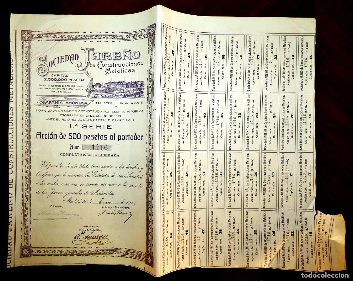 Coleccionismo acciones espa&ntilde;olas: Sociedad Jare&ntilde;o de Construcciones Met&aacute;licas 1913,acci&oacute;n.