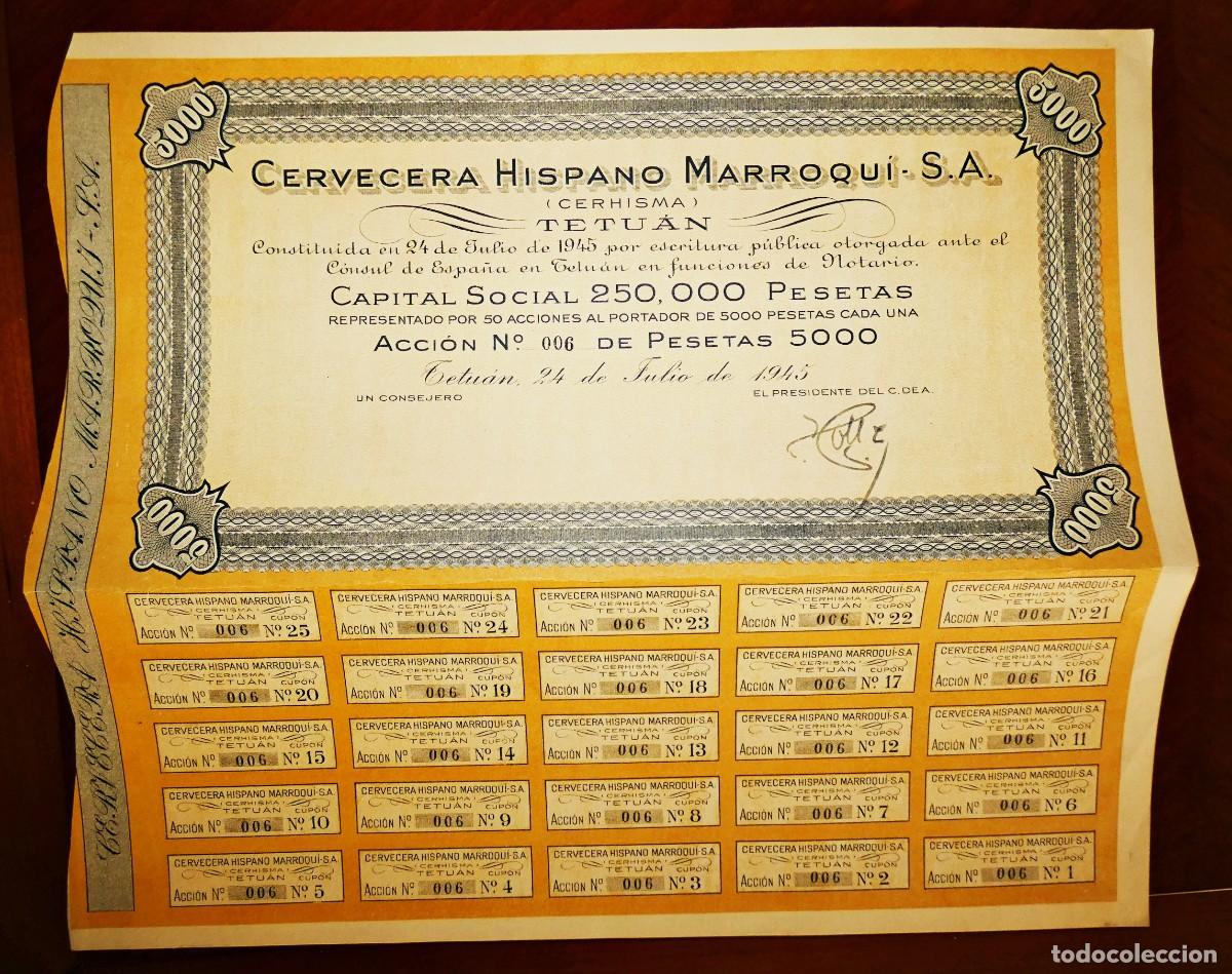 Coleccionismo Acciones Espa&ntilde;olas: Cervecera Hispano Marroqu&iacute;, Tetu&aacute;n 1945 acci&oacute;n, buena conservaci&oacute;n