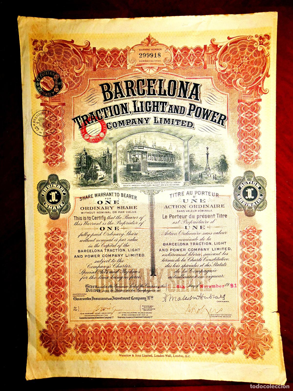 barcelona traction light and power. 1931 acción - Compra venta en