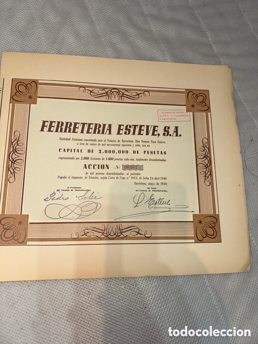 Collezionismo Azioni Spagnole: FERRETERIA ESTEVE BARCELONA 1948