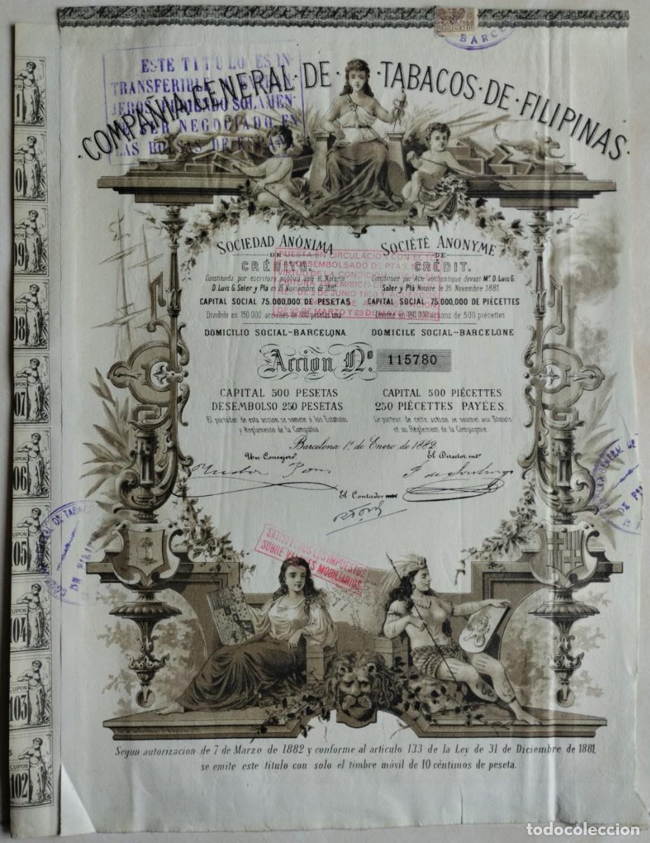 Colecionismo A&ccedil;&otilde;es Espanholas: Acci&oacute;n de la empresa Cia. Gral. Tabacos de Filipinas. Barcelona. 1882