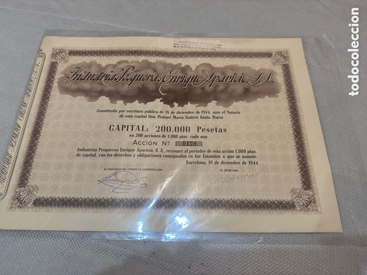 Sammeln von spanischen Wertpapieren: acci&oacute;n de Industrias Pesqueras Enrique Aparicio 1944