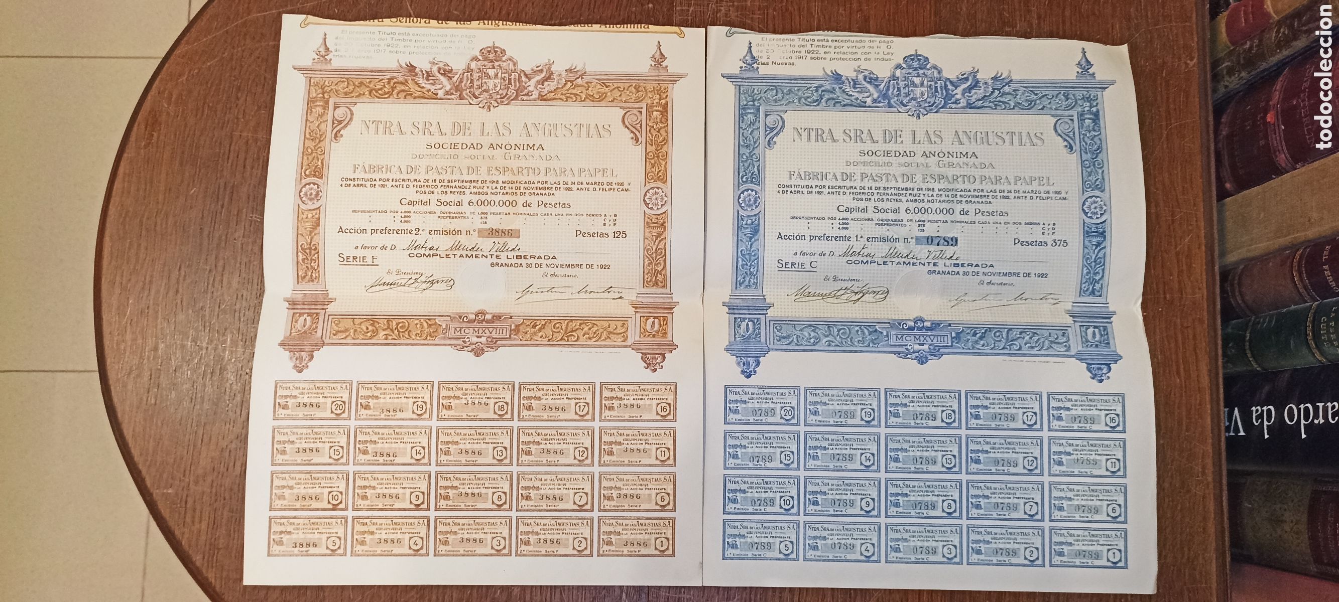 Coleccionismo Acciones Espa&ntilde;olas: Pareja de acciones antiguas (1&ordf; y 2&ordf; emisi&oacute;n) &ndash; Ntra. Sra. de las Angustias S.A. &ndash; Granada, 1922