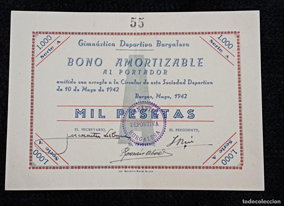 Coleccionismo Acciones Espa&ntilde;olas: Burgos C.F. Bono Amortizable al Portador de 1000 pesetas. Gimn&aacute;stica Deportiva Burgalesa. 1942.