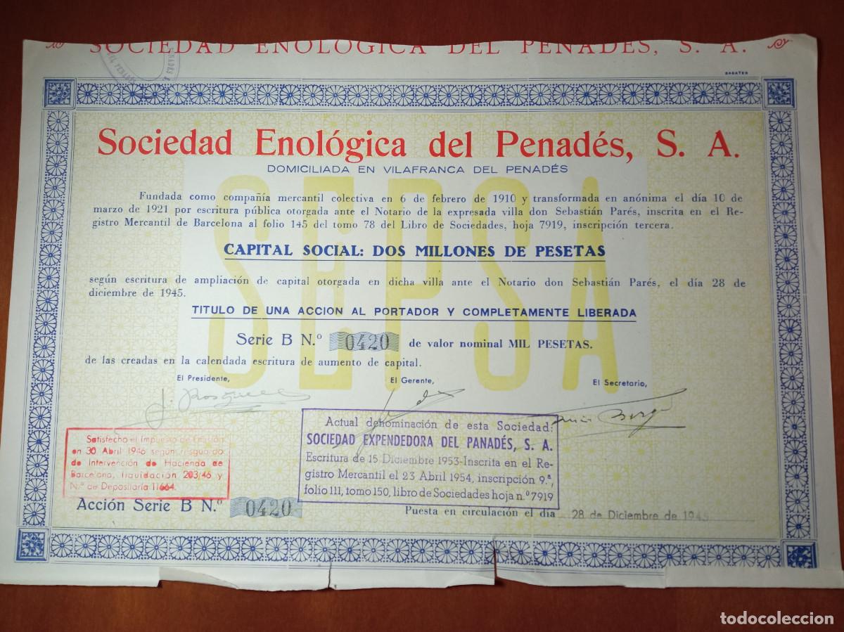 Coleccionismo Acciones Espa&ntilde;olas: SEIS ACCIONES AL PORTADOR DE 1.000 PTS SOCIEDAD ENOLOGICA DEL PENADES SA 1945