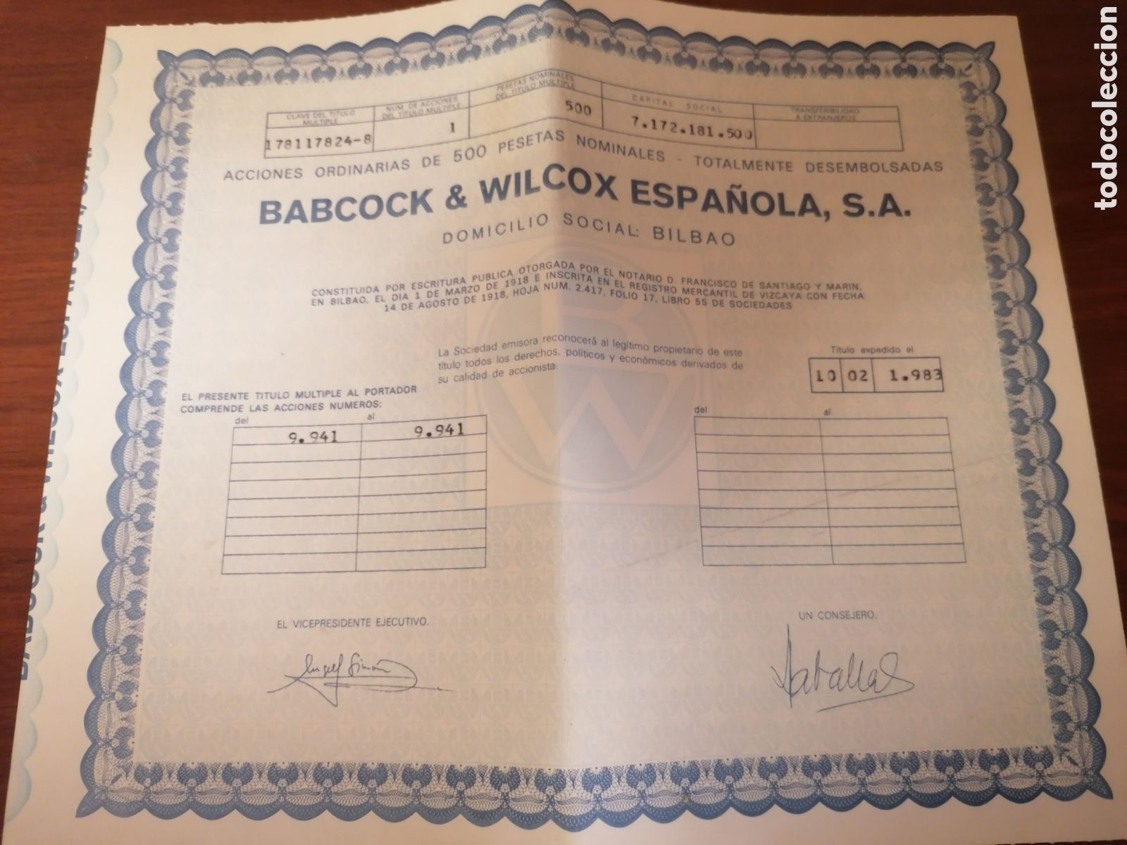 Coleccionismo Acciones Espa&ntilde;olas: Babcock & Wilcox Espa&ntilde;ola S.A. Acciones Ordinarias De 500 Pesetas Nominales. Bilbao 1983