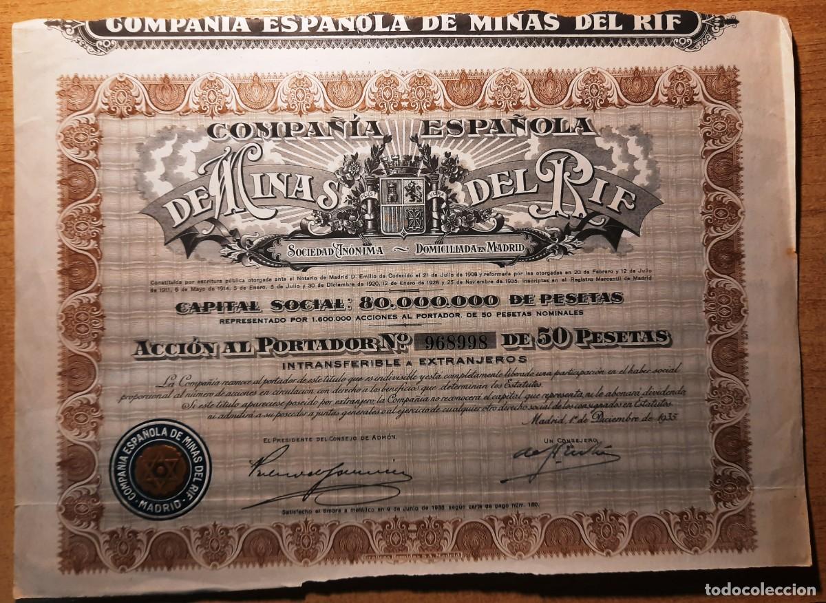 Coleccionismo Acciones Espa&ntilde;olas: Compa&ntilde;&iacute;a Espa&ntilde;ola de Minas del Rif