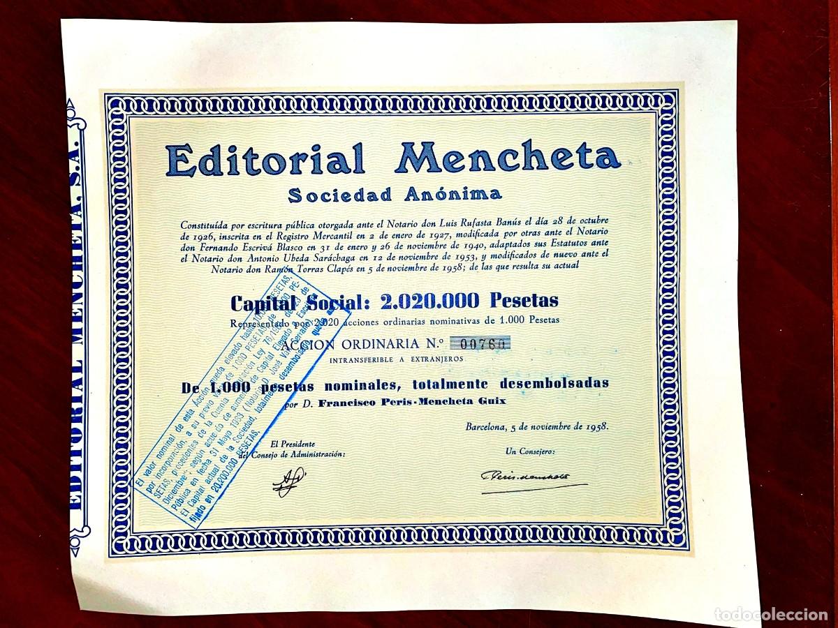 Coleccionismo Acciones Espa&ntilde;olas: Editorial Mencheta ,SA Barcelona 1958 acci&oacute;n
