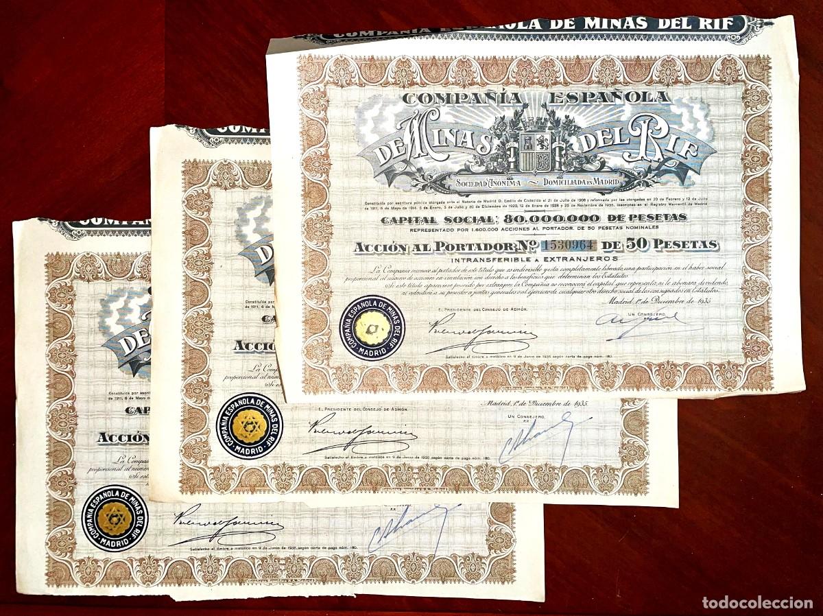 Coleccionismo Acciones Espa&ntilde;olas: Compa&ntilde;&iacute;a Espa&ntilde;ola de MINAS DEL RIF SA, acci&oacute;n 1935 x 3
