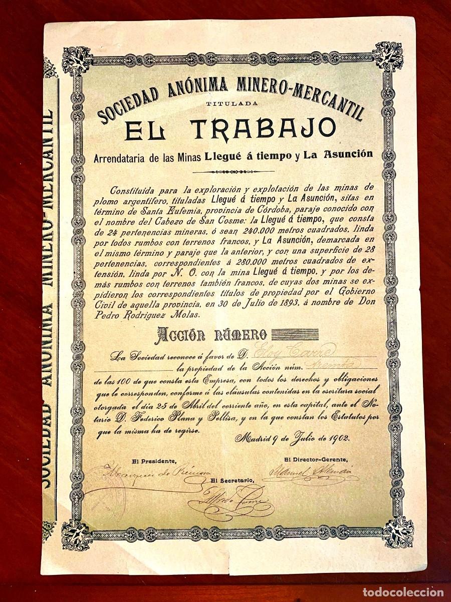 Coleccionismo Acciones Espa&ntilde;olas: Minero Mercantil El Trabajo , acci&oacute;n Madrid 1902