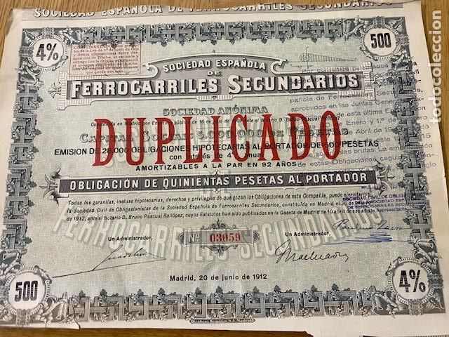 Coleccionismo Acciones Espa&ntilde;olas: Sociedad Espa&ntilde;ola de Ferrocarriles Secundarios. Madrid 1912.. 32 x 24 cm.