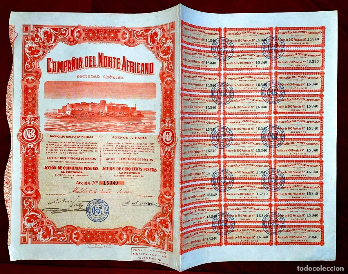 Coleccionismo Acciones Espa&ntilde;olas: Compa&ntilde;&iacute;a del Norte Africano S.A. Melilla 1908 ,acci&oacute;n con los cupones