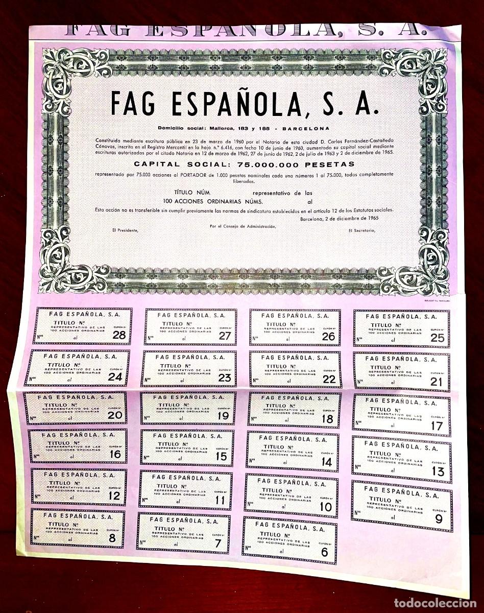 Coleccionismo Acciones Espa&ntilde;olas: FAG Espa&ntilde;ola , Barcelona acci&oacute;n sin emitir 1965