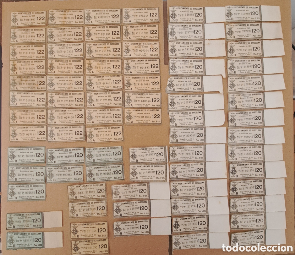 Coleccionismo Acciones Espa&ntilde;olas: Lote de +70 cupones de deuda p&uacute;blica. Ayuntamiento de Barcelona 1906-1919. Vencimiento junio 1936