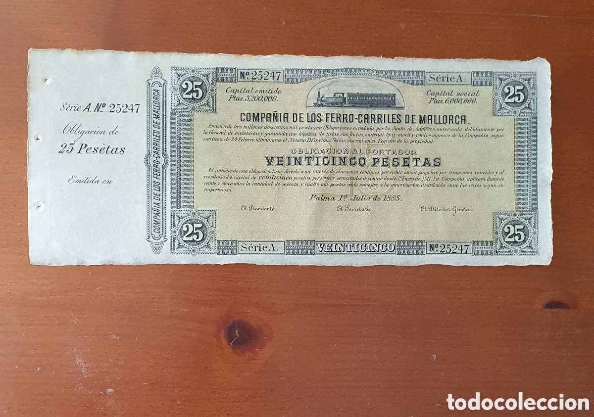 Coleccionismo Acciones Espa&ntilde;olas: OBLIGACI&Oacute;N COMPA&Ntilde;&Iacute;A FERROCARRILES DE MALLORCA 1885
