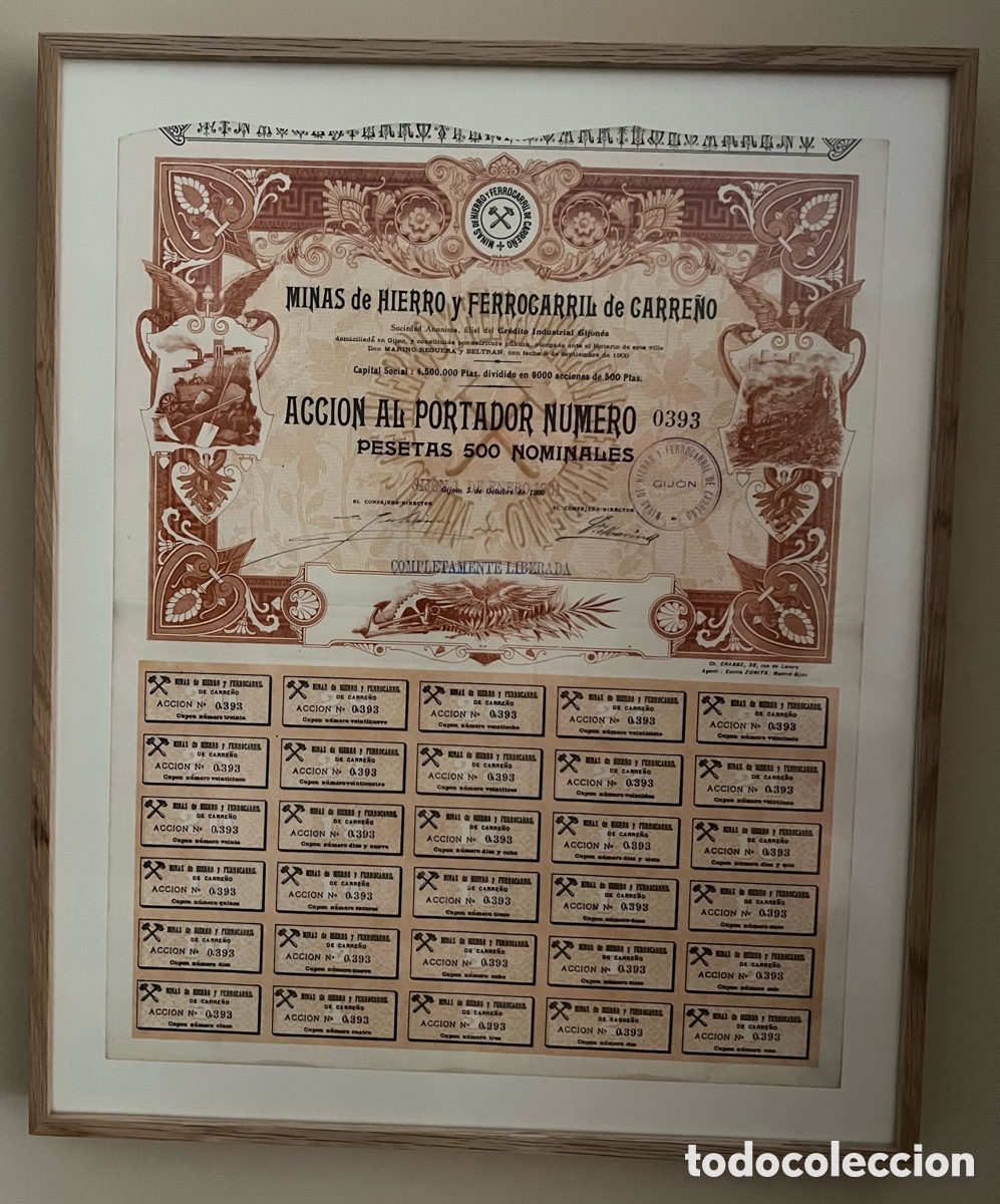 Coleccionismo Acciones Espa&ntilde;olas: MINAS de HIERRO Y FERROGARRIL de CARRE&Ntilde;O
