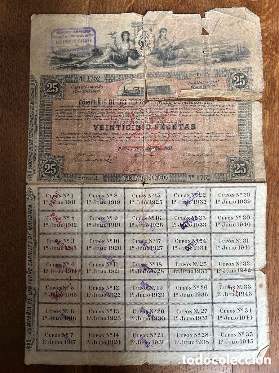 Coleccionismo Acciones Espa&ntilde;olas: Compa&ntilde;ia de Ferrocarriles de Mallorca, 1911. Obligaci&oacute;n al portador de 25 pesetas