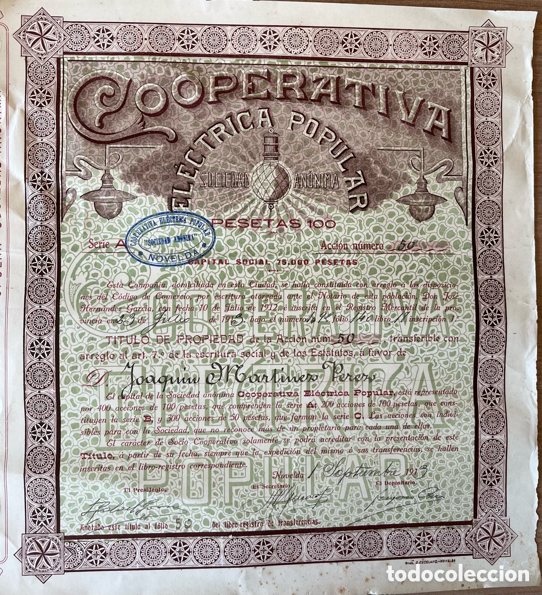 Coleccionismo Acciones Espa&ntilde;olas: Acci&oacute;n antigua cooperativa el&eacute;ctrica popular (Novelda) 1917