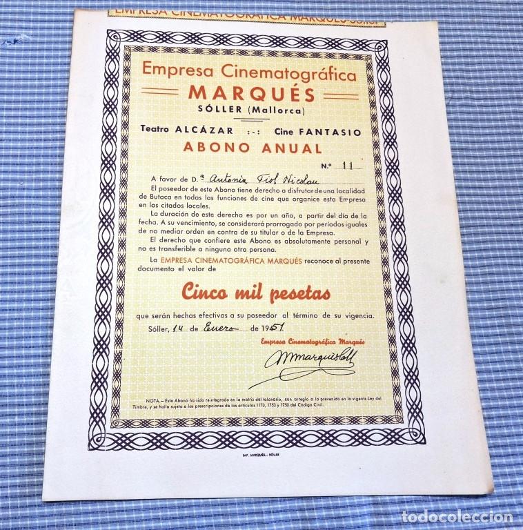 Coleccionismo Acciones Espa&ntilde;olas: Abono anual Empresa Cinematogr&aacute;fica Marqu&eacute;s. S&oacute;ller. Mallorca. 14/01/1951.