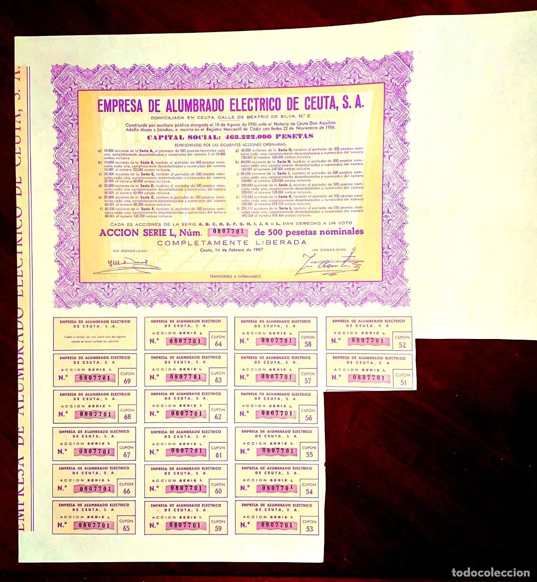 Coleccionismo Acciones Espa&ntilde;olas: Empresa de Alumbrado Electrico de Ceuta 1987 acci&oacute;n con cupones