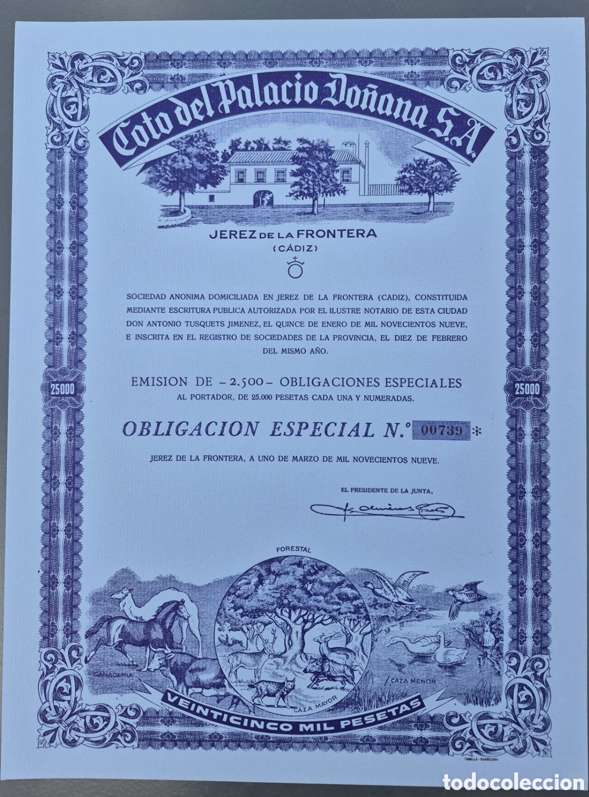 Coleccionismo Acciones Espa&ntilde;olas: COTO DEL PALACIO DE DO&Ntilde;ANA (JEREZ DE LA FRONTERA) 1909