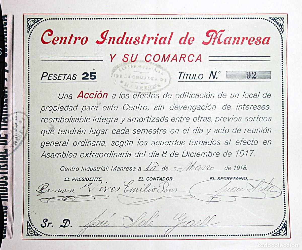 Coleccionismo Acciones Espa&ntilde;olas: 1918.- CENTRO INDUSTRIAL DE MANRESA Y SU COMARCA