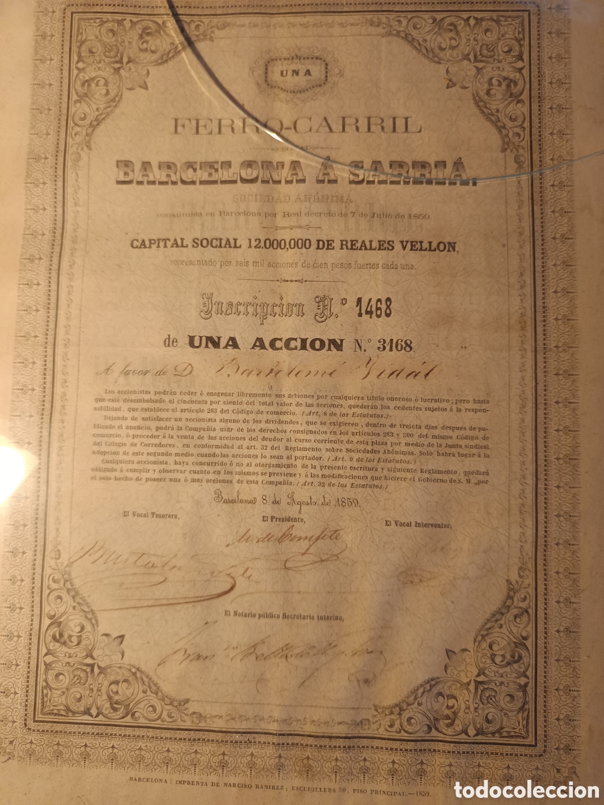 Coleccionismo Acciones Espa&ntilde;olas: Acci&oacute;n ferro-carril Barcelona a sarria de 1859