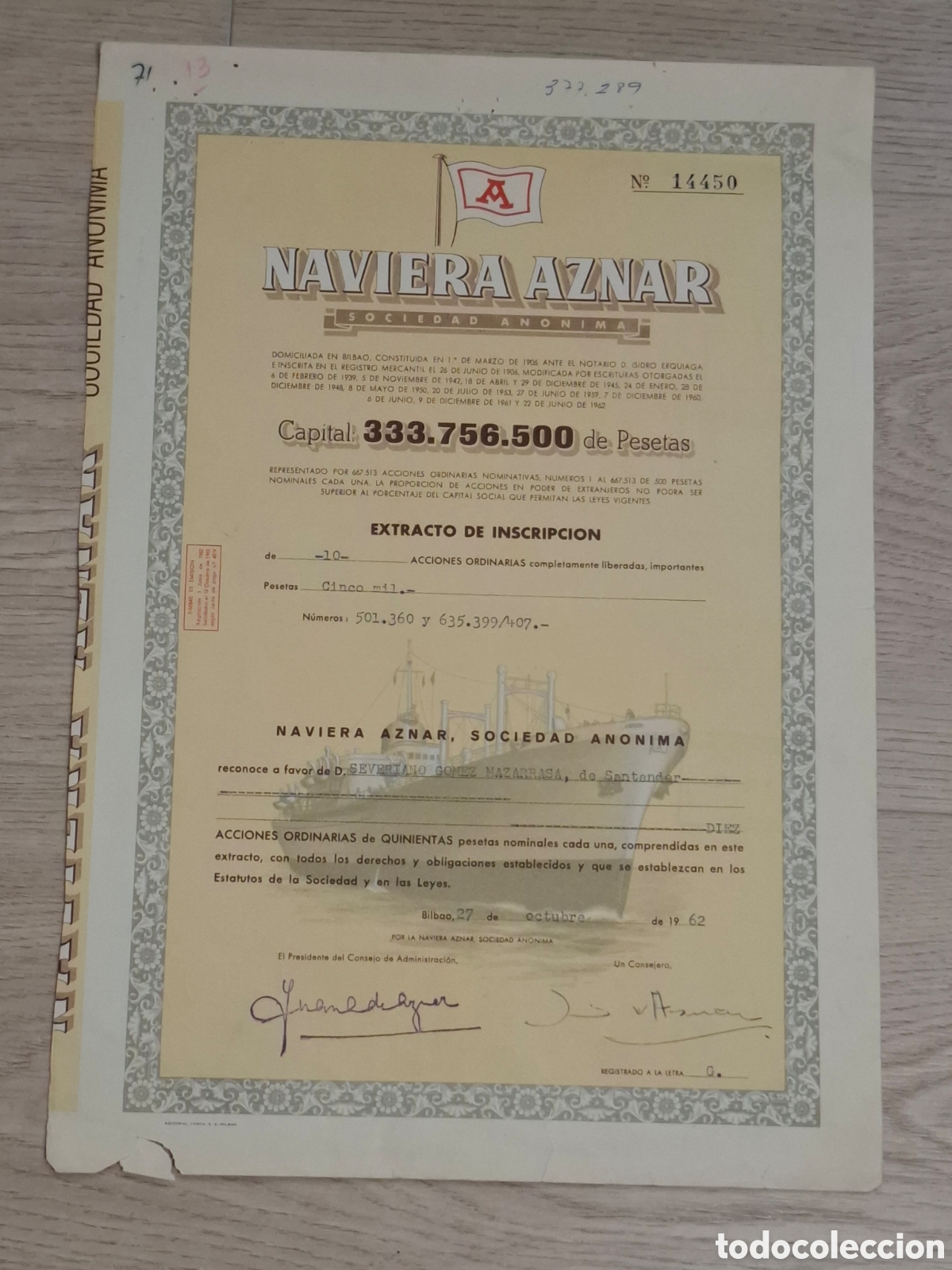 Coleccionismo Acciones Espa&ntilde;olas: Naviera Aznar, SA, Extracto de inscripci&oacute;n de 10 acciones de 500 pesetas, 1962