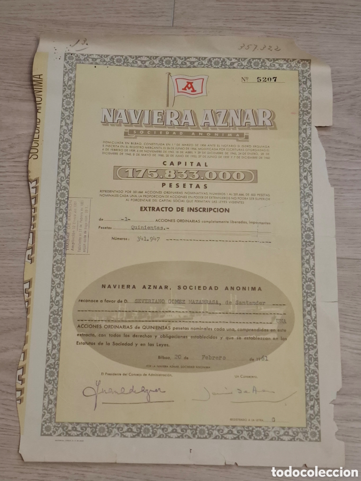 Collezionismo Azioni Spagnole: Naviera Aznar, SA, Extracto de inscripci&oacute;n de 1 acci&oacute;n de 500 pesetas, 1961