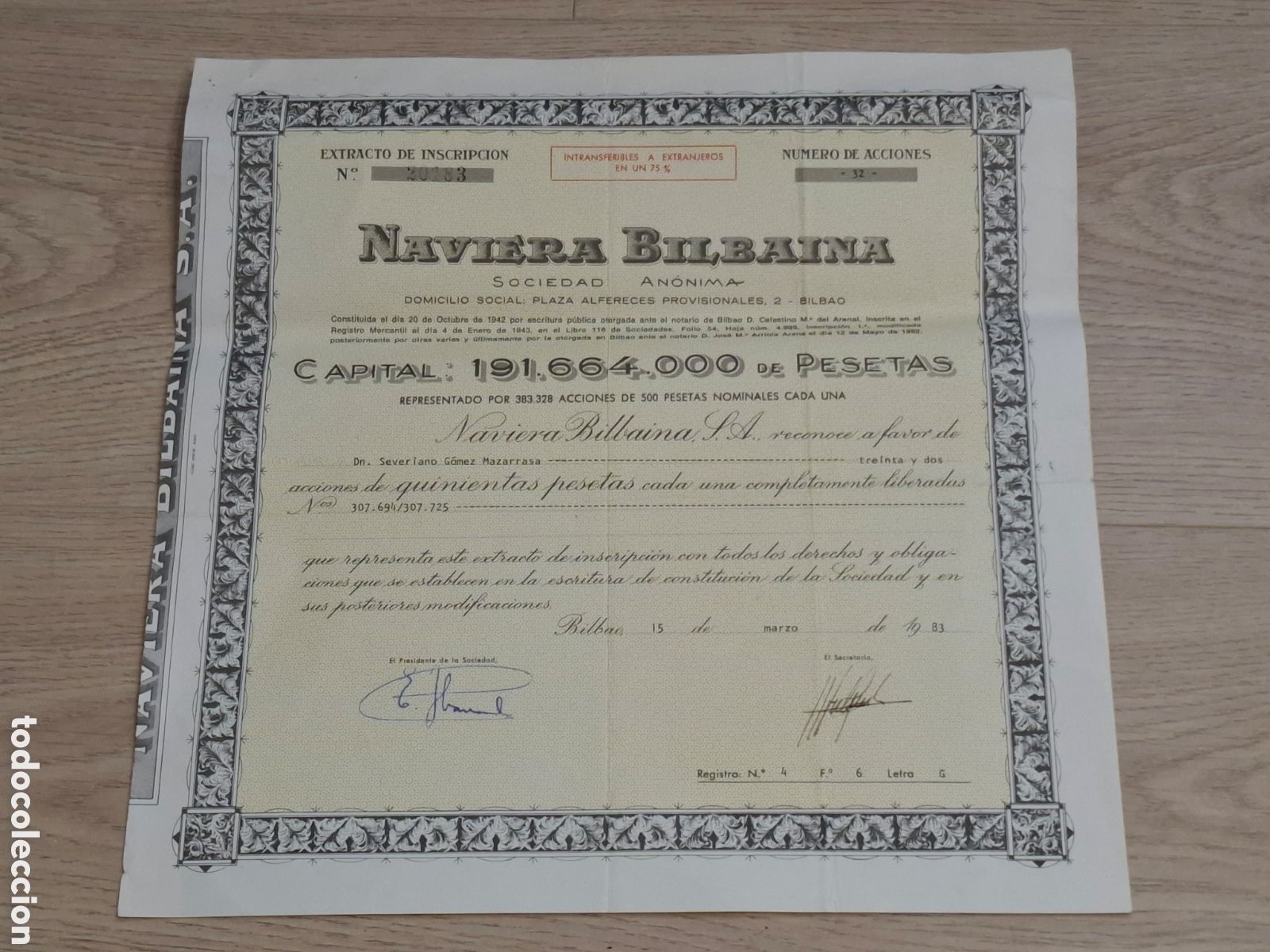 Collezionismo Azioni Spagnole: Naviera Bilbaina, SA, Extracto de inscripci&oacute;n de 32 acciones de 500 pesetas, 1983