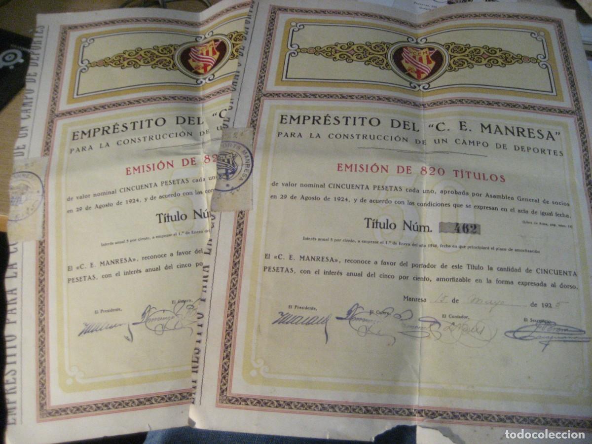 Coleccionismo Acciones Espa&ntilde;olas: 2 Emprestito accion del Centre esports Manresa , para la construcci&oacute;n de un campo de futbol 1925