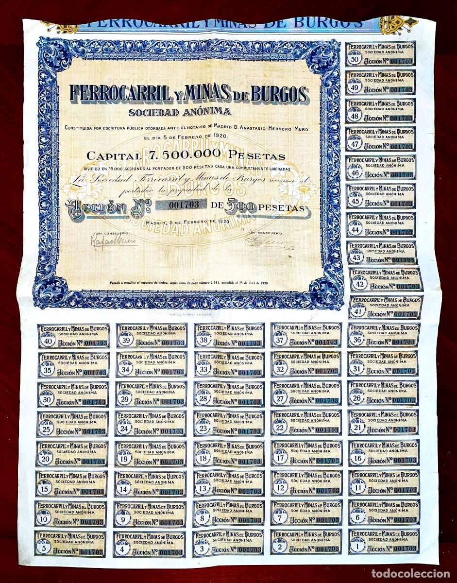 Coleccionismo Acciones Espa&ntilde;olas: Ferrocarril y Minas de Burgos,SA Madrid 1920 acci&oacute;n