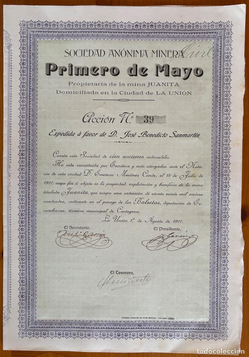 Coleccionismo Acciones Espa&ntilde;olas: ACCION S.A.M. PRIMERO DE MAYO- MINERIA- LA UNION- CARTAGENA- 1911