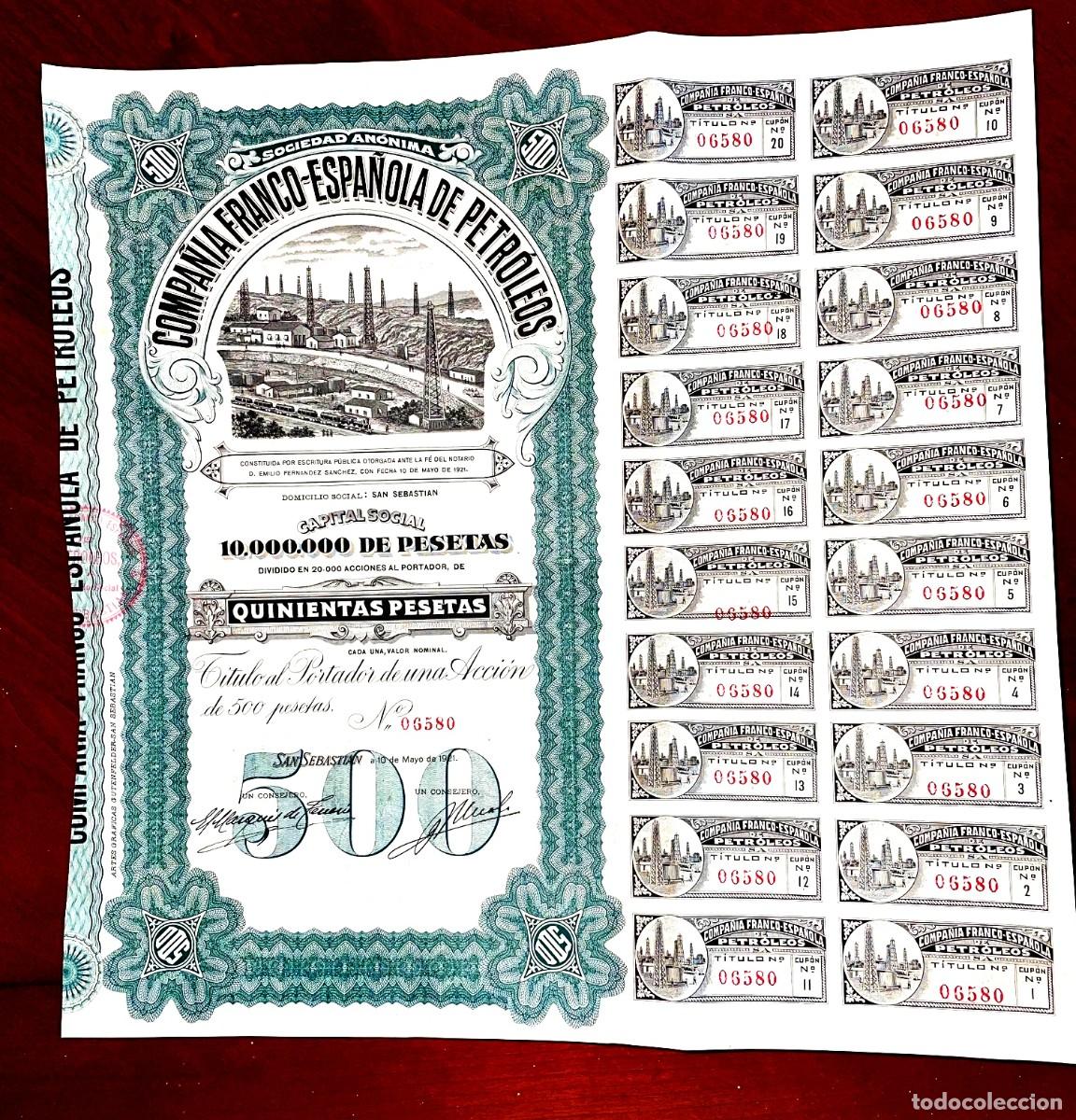 Coleccionismo Acciones Espa&ntilde;olas: Compa&ntilde;&iacute;a Franco-Espa&ntilde;ola de Petr&oacute;leos, San Sebasti&aacute;n 1921, acci&oacute;n