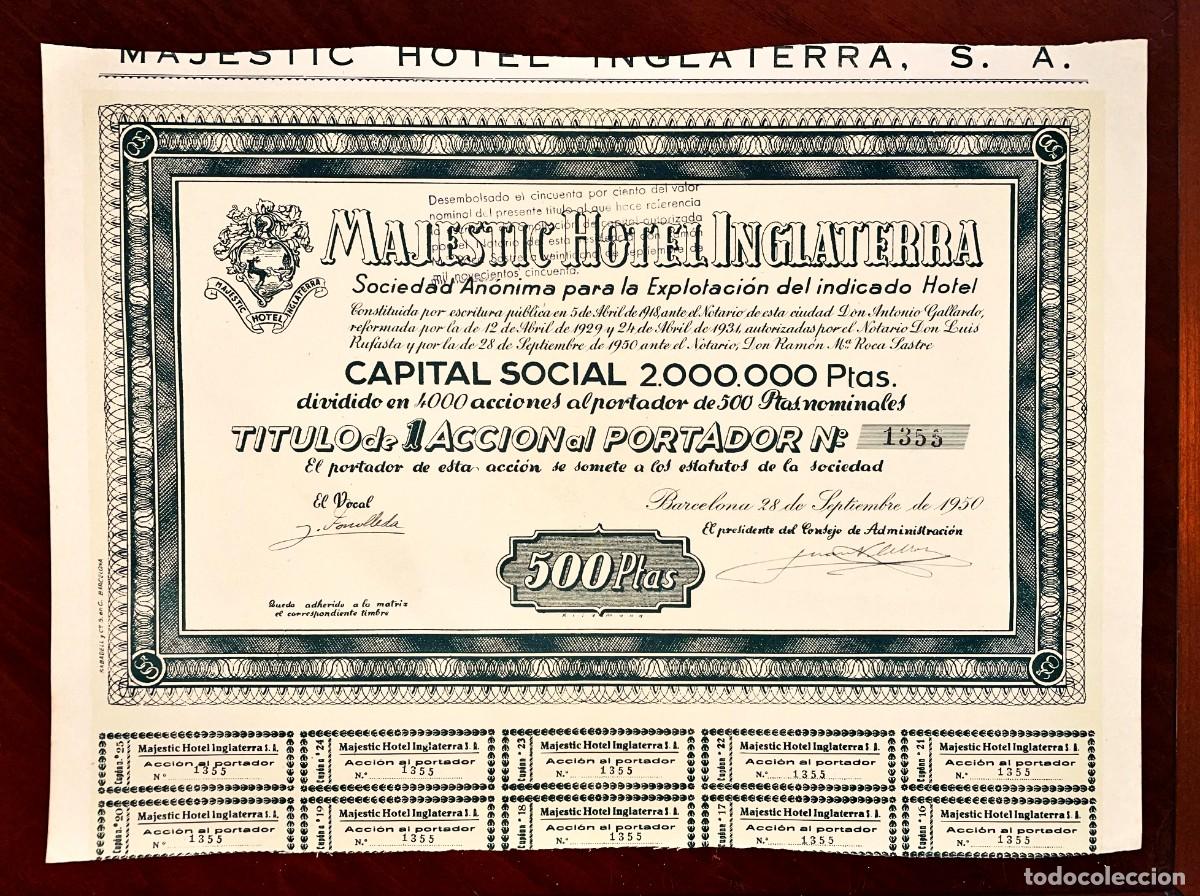 Coleccionismo Acciones Espa&ntilde;olas: Majestic Hotel Inglaterra ,Barcelona 1950 acci&oacute;n