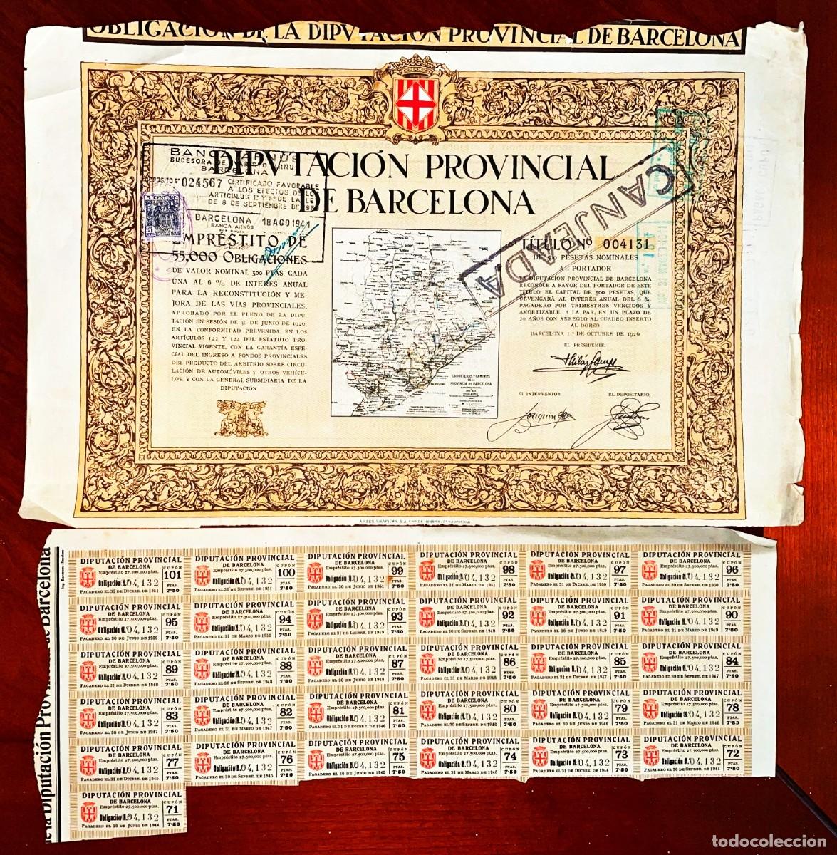 Coleccionismo Acciones Espa&ntilde;olas: Diputaci&oacute;n Provincial de Barcelona 1926 obligaci&oacute;n 500 Pesetas