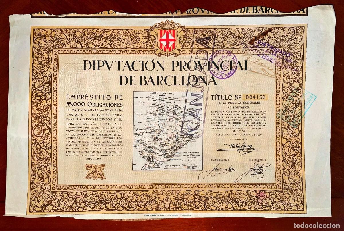 Coleccionismo Acciones Espa&ntilde;olas: Diputaci&oacute;n Provincial de Barcelona 1926 obligaci&oacute;n 500 Pesetas
