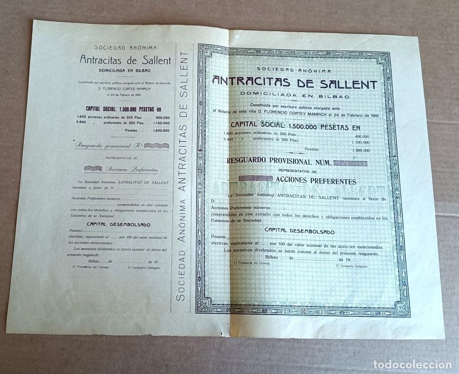 Coleccionismo Acciones Espa&ntilde;olas: Acci&oacute;n ANTRACITAS DE SALLENT - Bilbao 1919