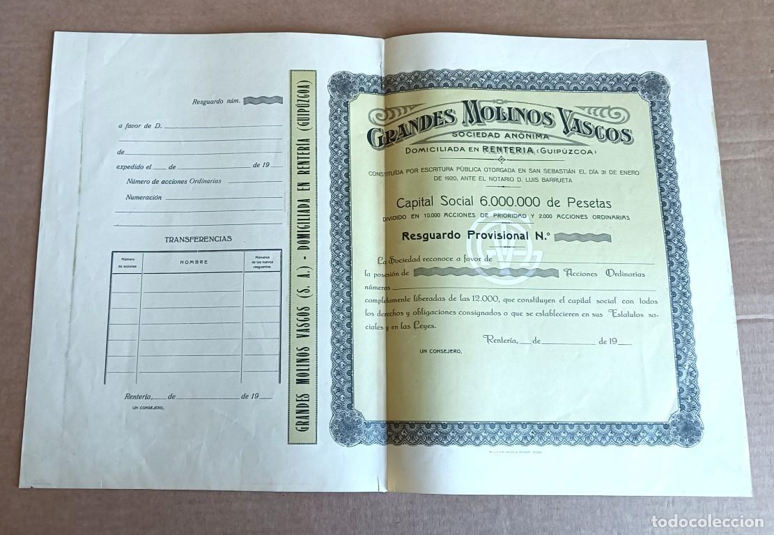 Coleccionismo Acciones Espa&ntilde;olas: Acci&oacute;n GRANDES MOLINOS VASCOS - Renter&iacute;a 19&hellip;.